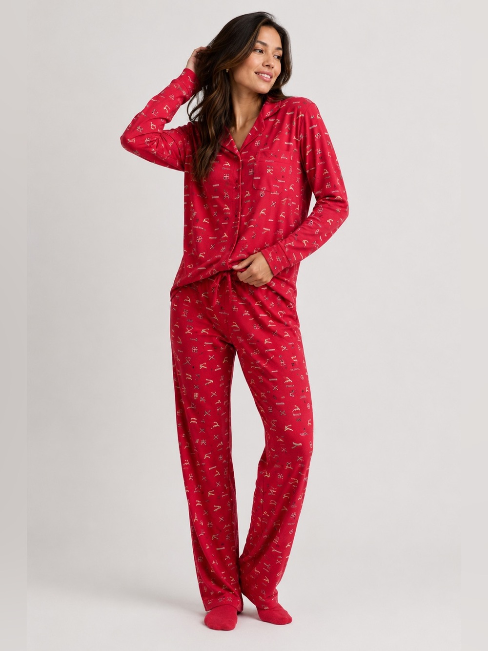SKIMS Long Sleeve Button Up Sleep Set | Cranberry Vintage Deer Print | Size XL